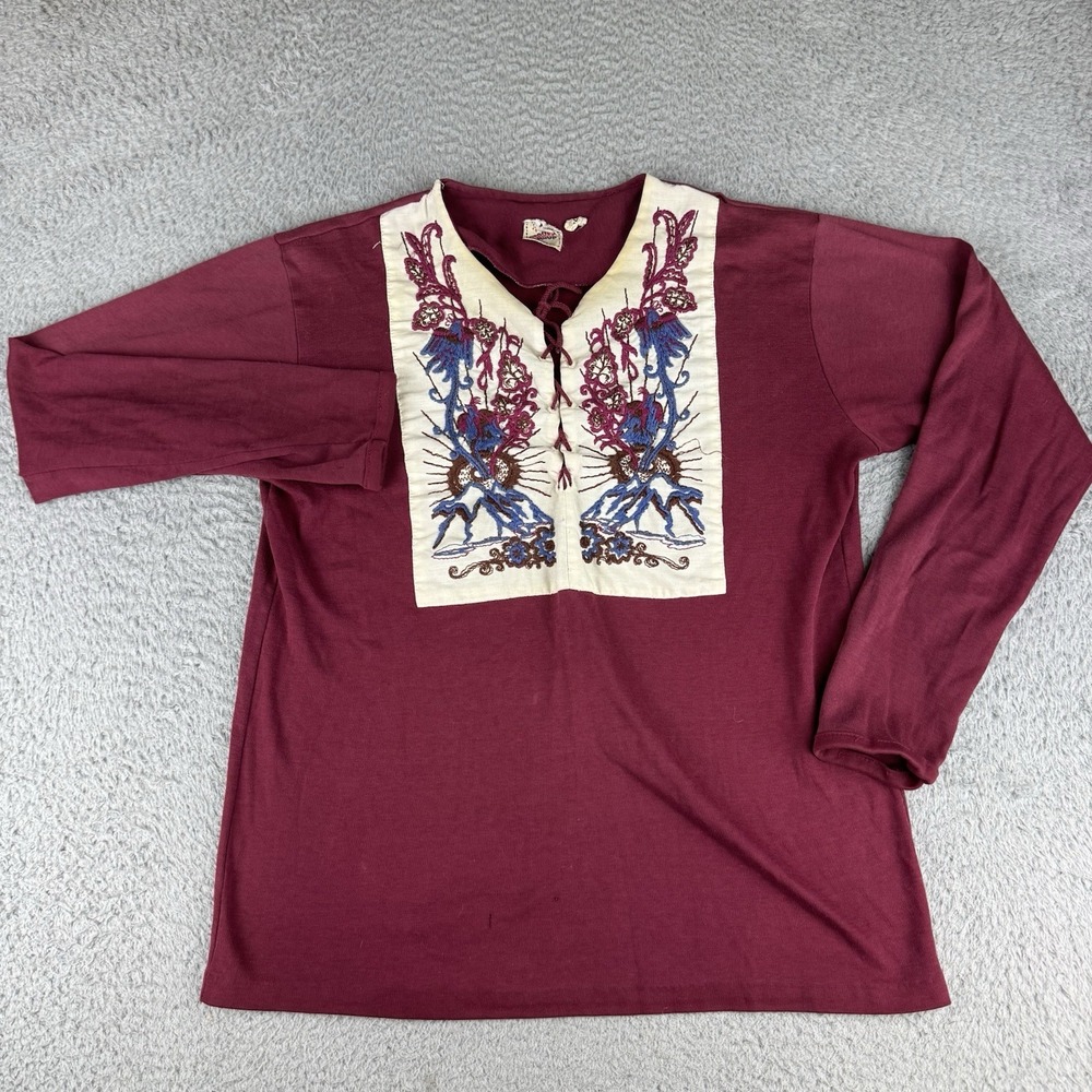 Vintage Groovy Group Jcpenny Maroon Hippie‎ Shirt Women's Large Rare 70s Hippy